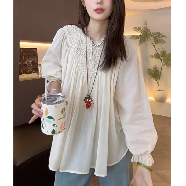 法式独特时尚长袖衬衫2025春季新款小众设计褶皱拼接宽松显瘦上衣