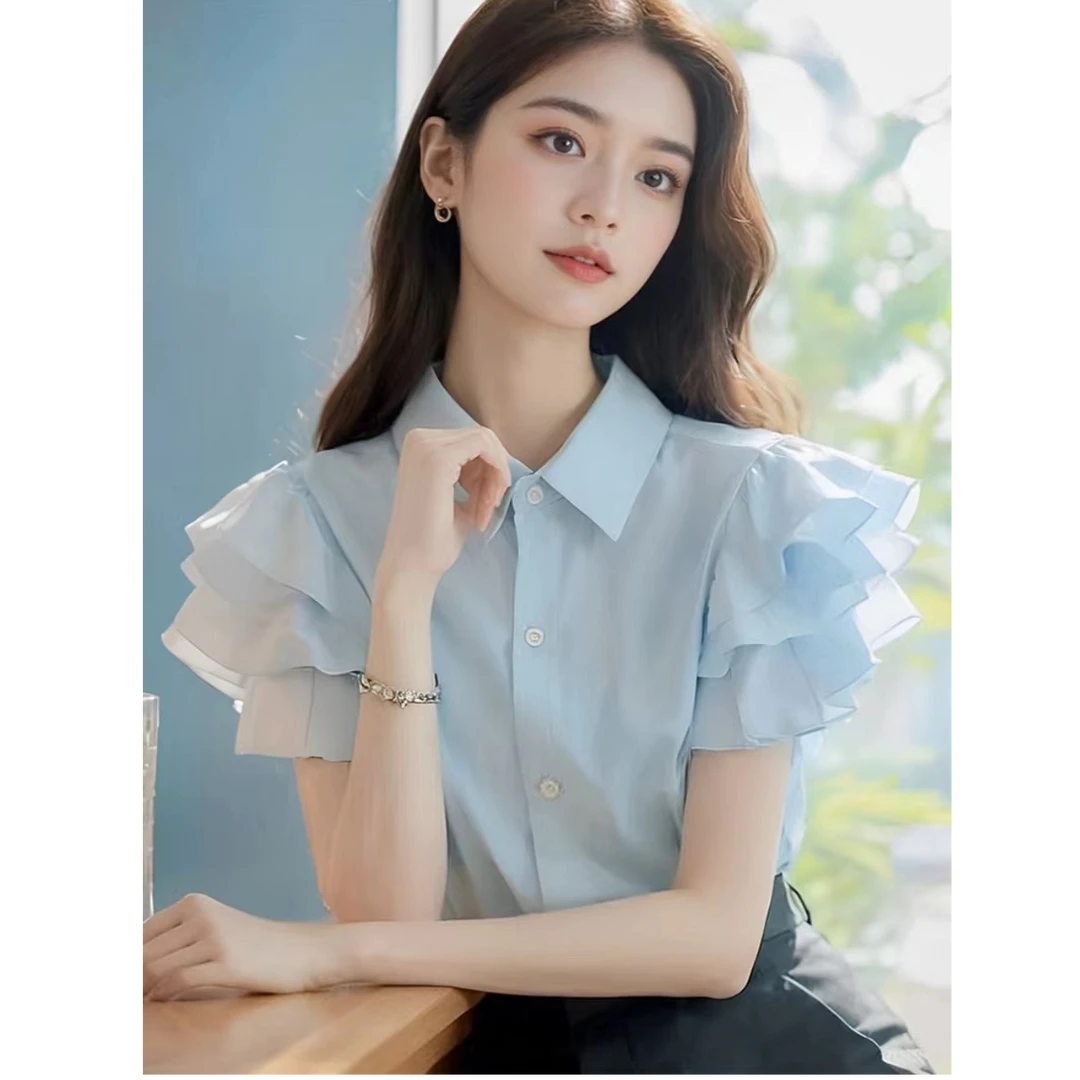 蓝色荷叶边短袖衬衫女夏季2025新款气质通勤小衫别致上衣服