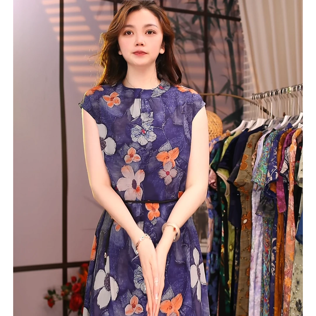 W063088蓝汐花新款气质优雅设计感七分袖立领衬衫女连衣裙