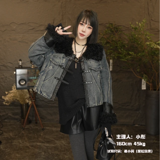 【木棉】欧货韩版复古风做旧洗水设计感多工装牛仔外套羽绒服02637
