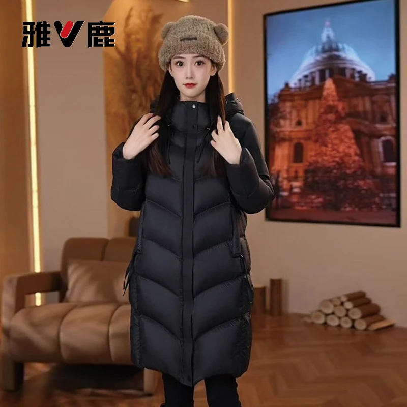 V/雅鹿2025雅鹿新款时尚羽绒服冬季长款过膝90白鸭绒防风门襟厚款