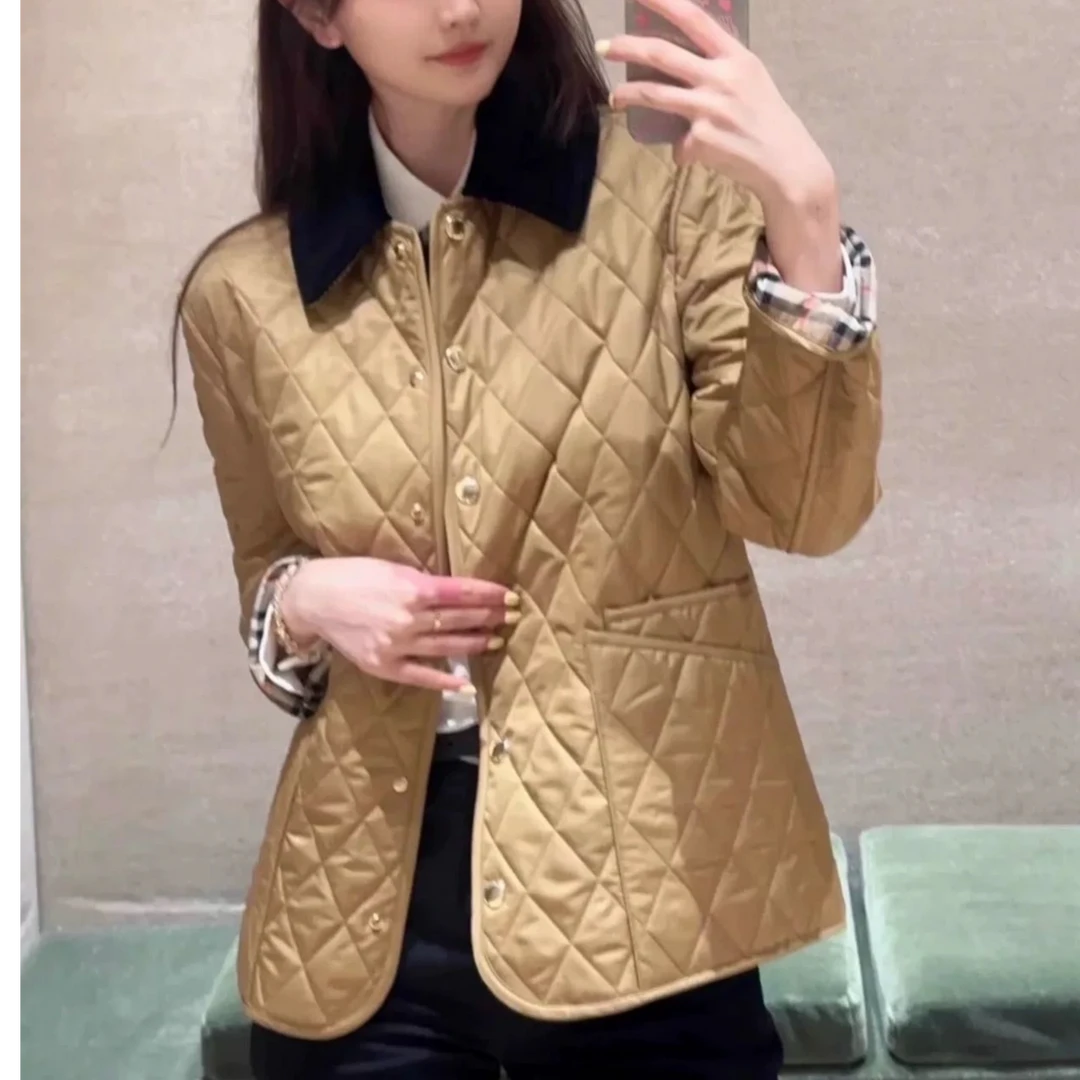 【晨浠定制】新款显瘦百搭菱形撞色翻领棉服外套806
