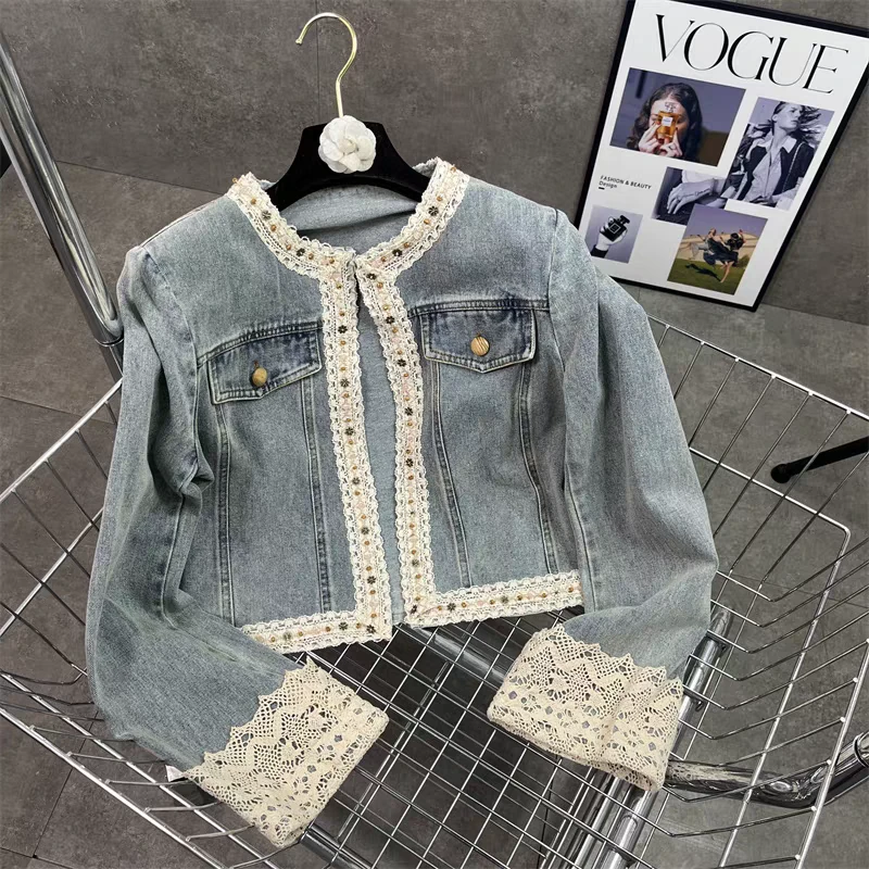 网红同款2025春季新重工刺绣实拍高级感蕾丝花边短款时髦牛仔外套