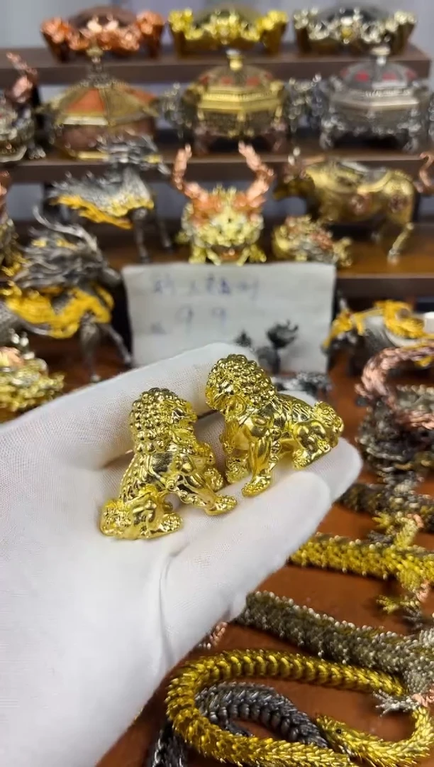 狮子一对黄铜摆件实心精修