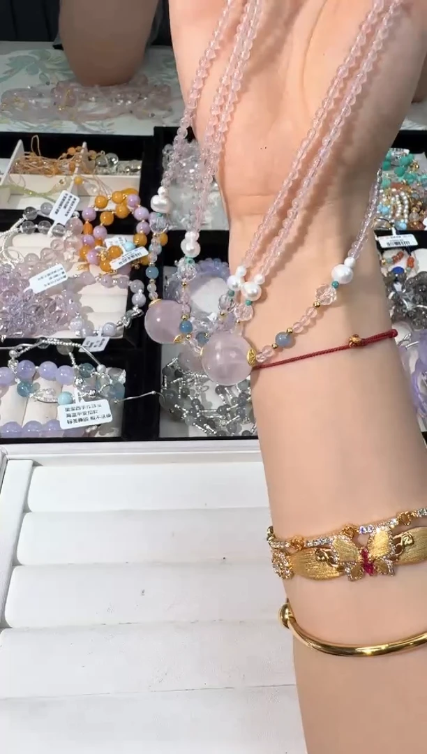 水晶手链银S925镶嵌N026粉水单珠项链