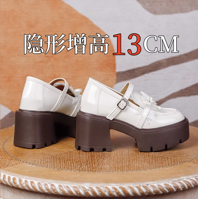 真皮内增高13cm超高跟单鞋女蝴蝶白色小个子厚底玛丽珍鞋小码33