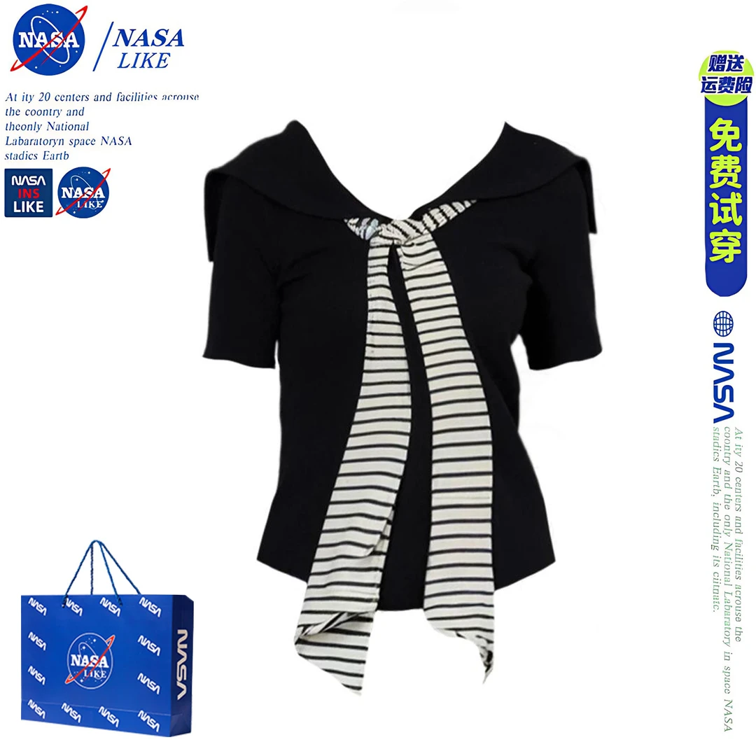 NASA复古假两件海军领条纹领带撞色针织短袖女夏新款修身上衣T恤