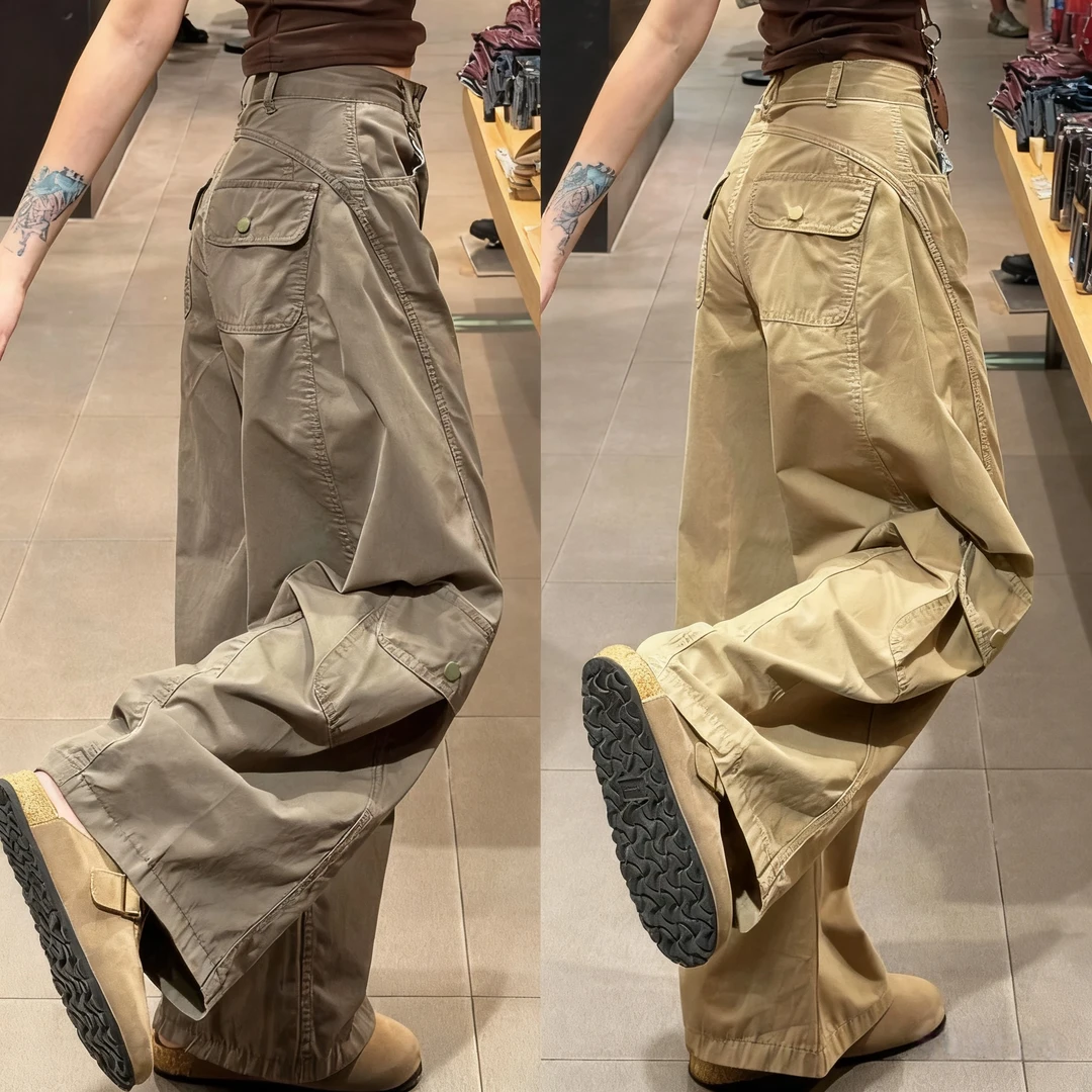 美式复古军绿色弯刀工装裤女秋2025新款多口袋高腰垂感阔腿休闲裤