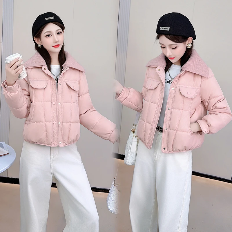 韩系大翻领棉服女2025冬季新款小个子加厚保暖百搭短款外套