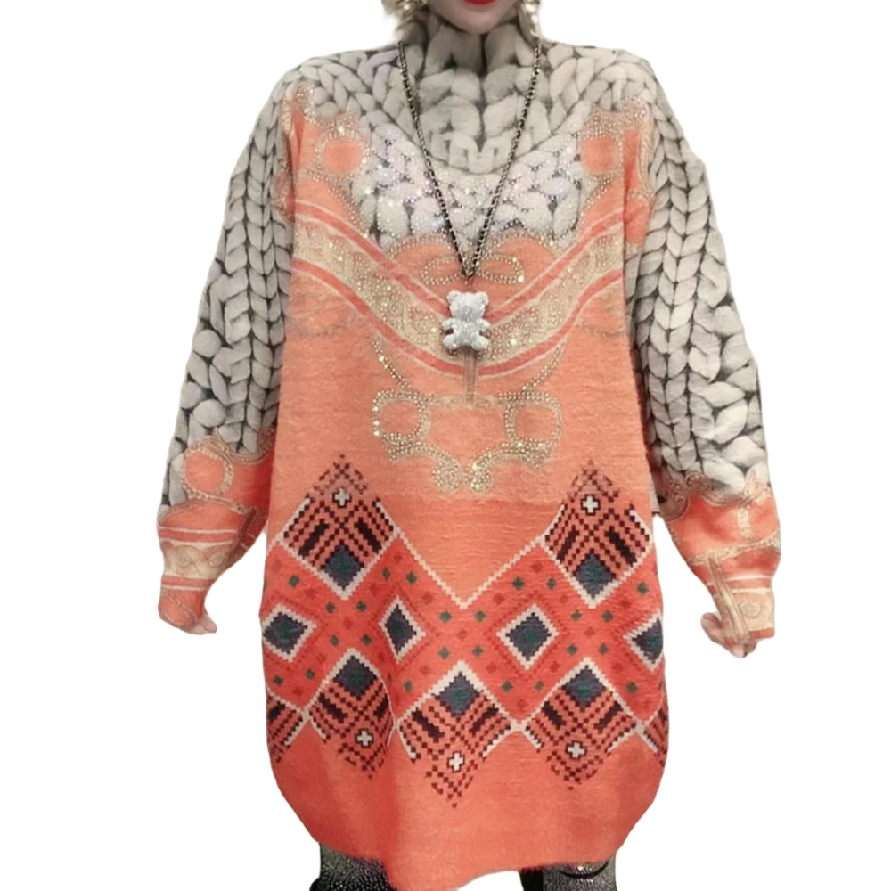 万人迷-连衣裙-2025春款时尚百搭欧货烫钻半高领长袖万人迷连衣裙