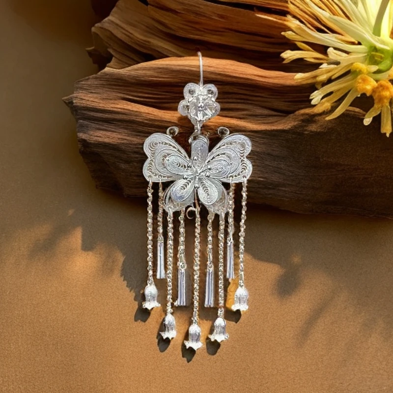足银耳饰 足银999民族风花丝工艺长款大蝴蝶流苏铃兰花耳环....