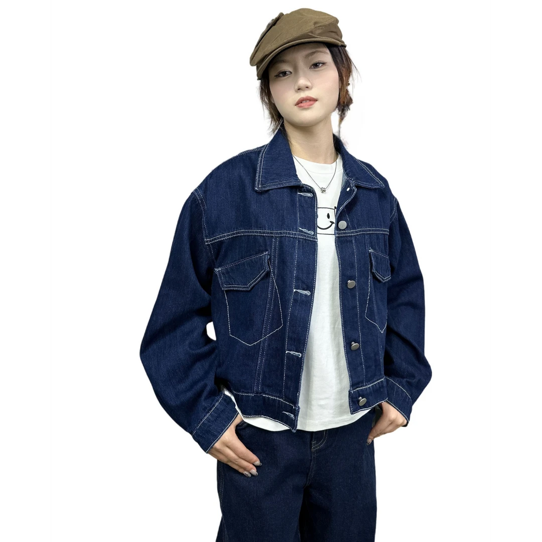 方领蓝色牛仔外套长袖休闲百搭明线多袋232014