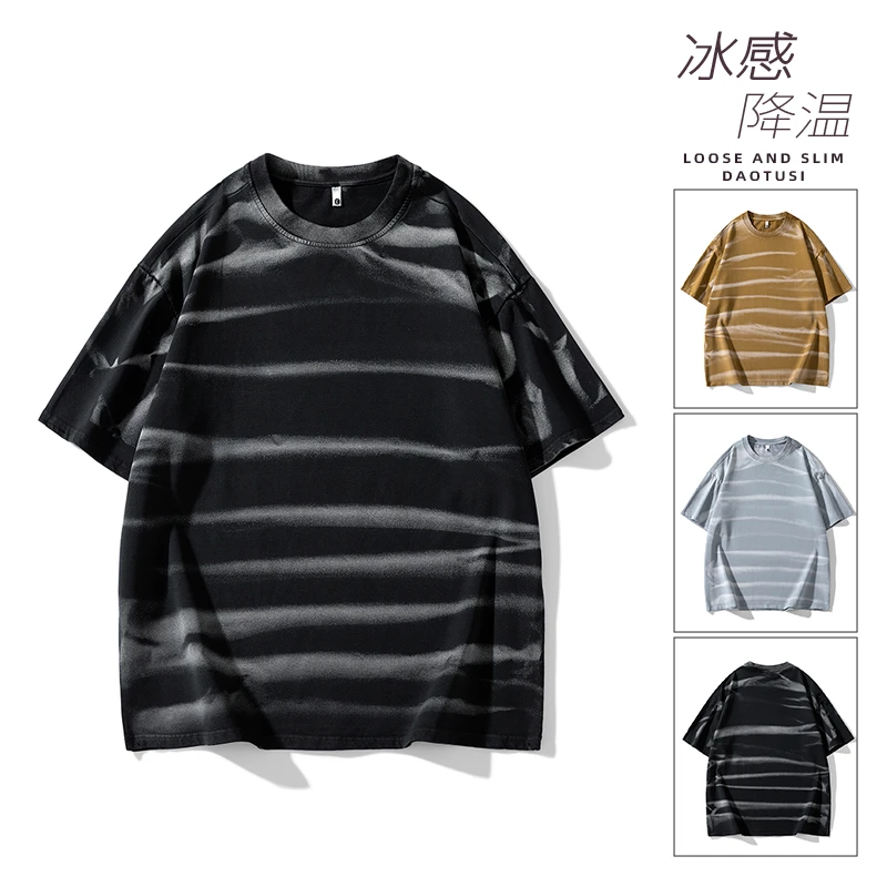 美式复古短袖男拼接简约印花T恤ins宽松大码插肩重磅五分袖上衣男