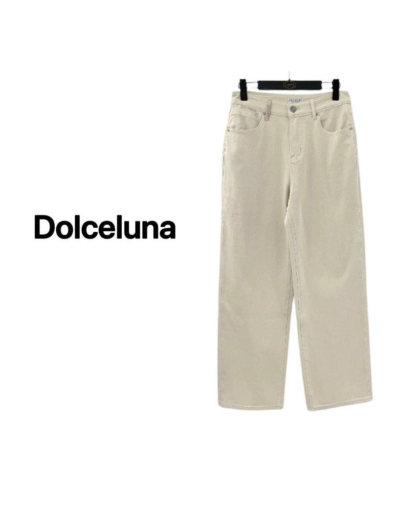 【月姐严选】早春链条设计师白色女士牛仔直筒阔腿长裤-16670