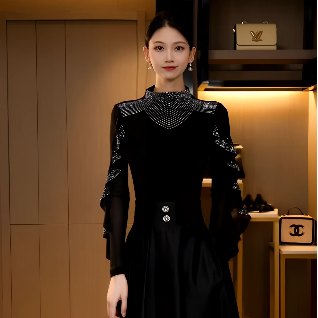 DY25Q-718 秋冬季法式棉质荷叶边烫钻拼接时尚百搭复古上衣