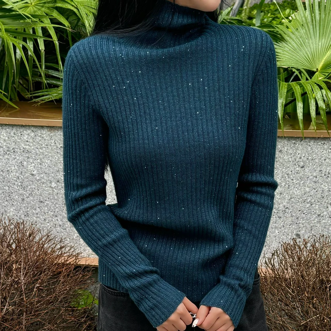 【糖堂】全毛无缝高领打底衫金丝堆堆领长袖坑条修身气质针织T115