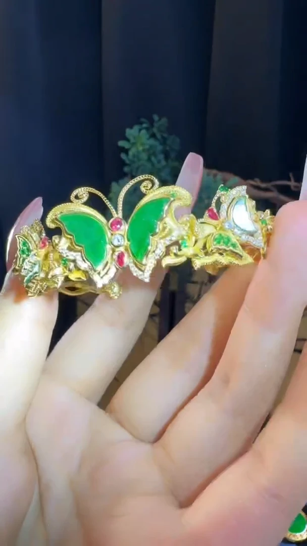翡翠手镯银S925镀金镶嵌天然缅甸A货翡翠手镯