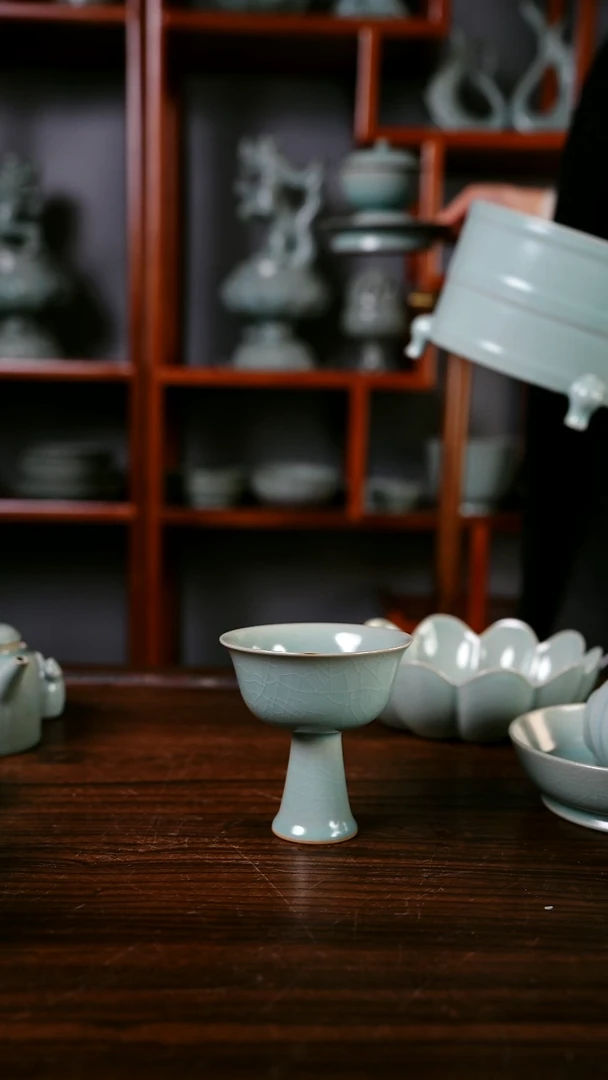 杯子青霁汝窑仿古釉 高足杯微瑕