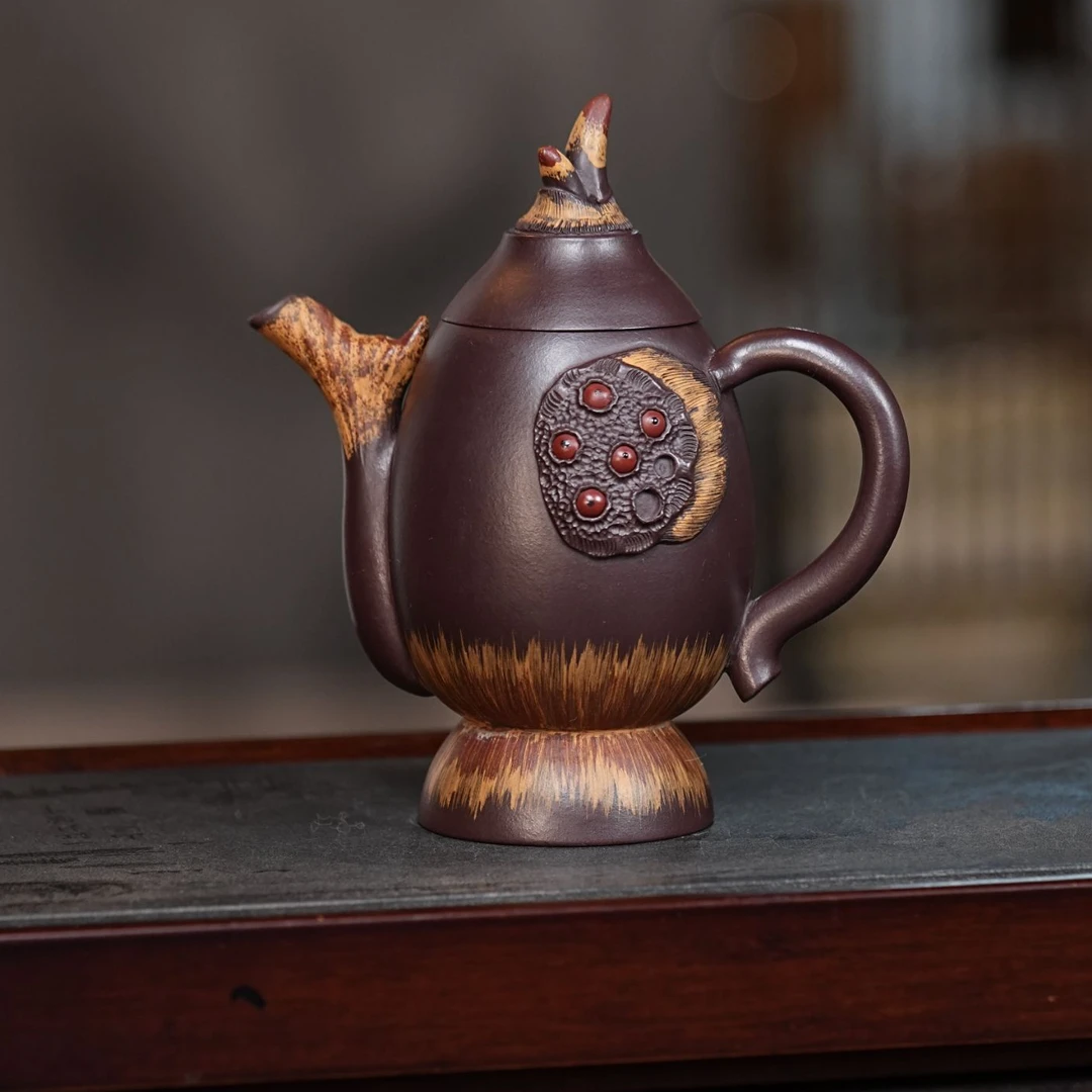 宜兴紫砂老紫泥手工制作莲藕紫砂壶  234