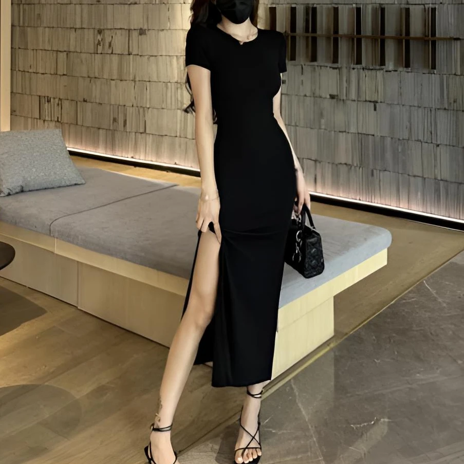 2025夏季新款女装性感收腰显瘦包臀裙辣妹连衣裙气质开叉黑色长裙