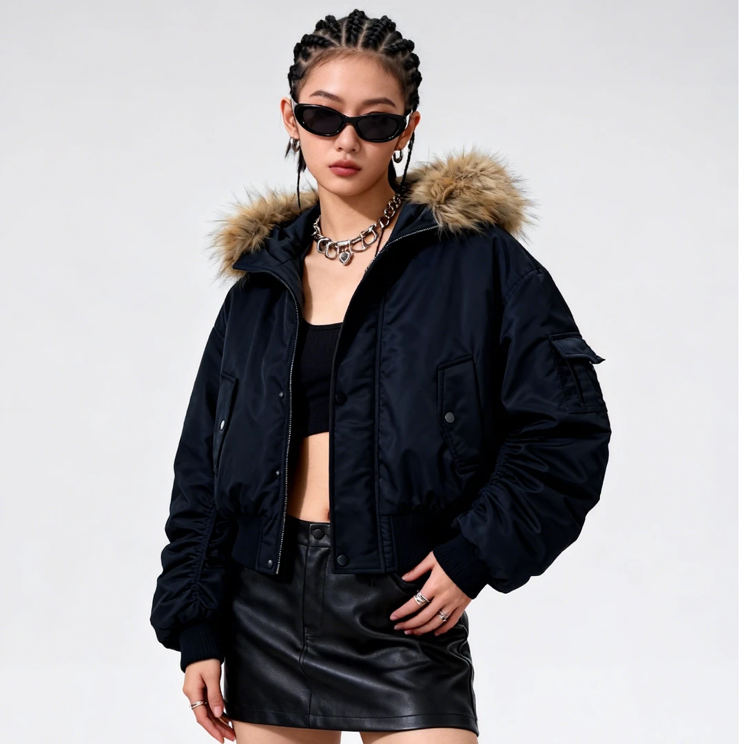 美式复古街头嘻哈潮流宽短飞行员夹克毛领棉服棉衣中性风运动外套