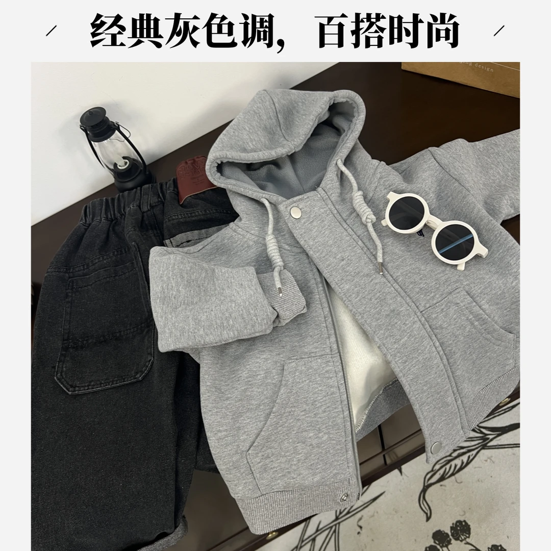 【WD188加绒外套】萌娃穿搭男女时尚休闲秋季纯棉抽绳连帽绣花外套