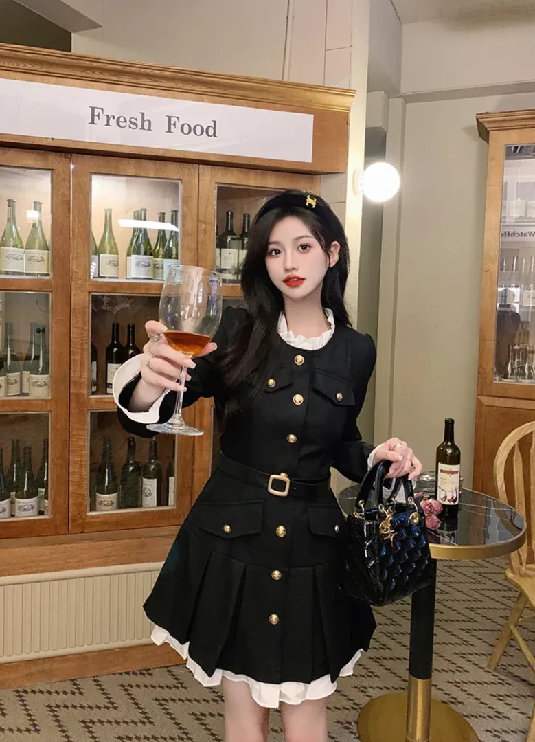 法式气质少女拼接连衣裙复古D0312