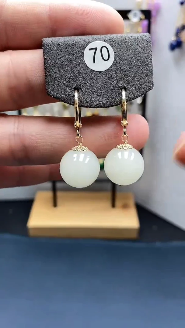 【闪购商品】和田玉耳饰银S925镀金镶嵌尺寸14mm耳扣08