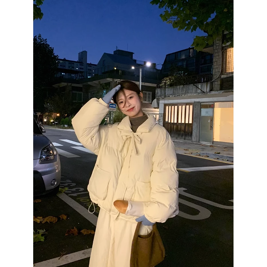 蝴蝶结系带翻领冬季女面包服短款抽绳保暖奶呼呼外套8253