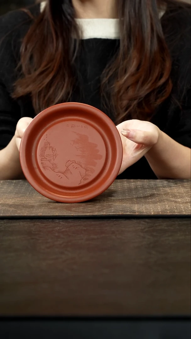茶壶紫砂岁**友朱泥刻绘壶承