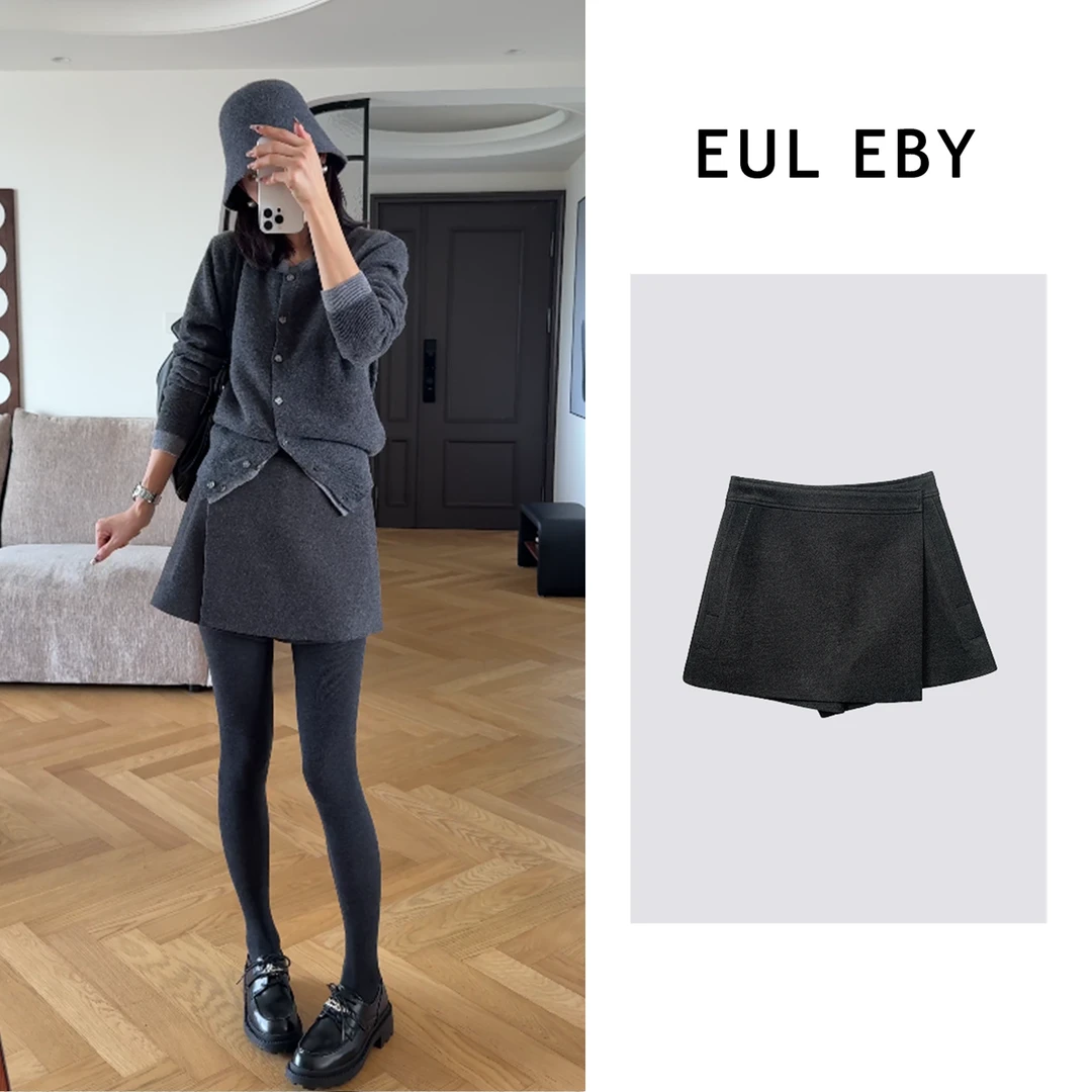 EUL EBY设计感不规则毛呢西装料裙裤秋冬高腰显瘦百搭短裤241744#