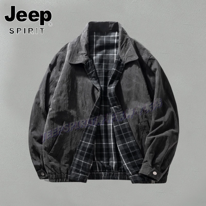 Jeep吉普春秋季双面穿夹克设计肌理宽松开衫美式翻领多口袋外套男