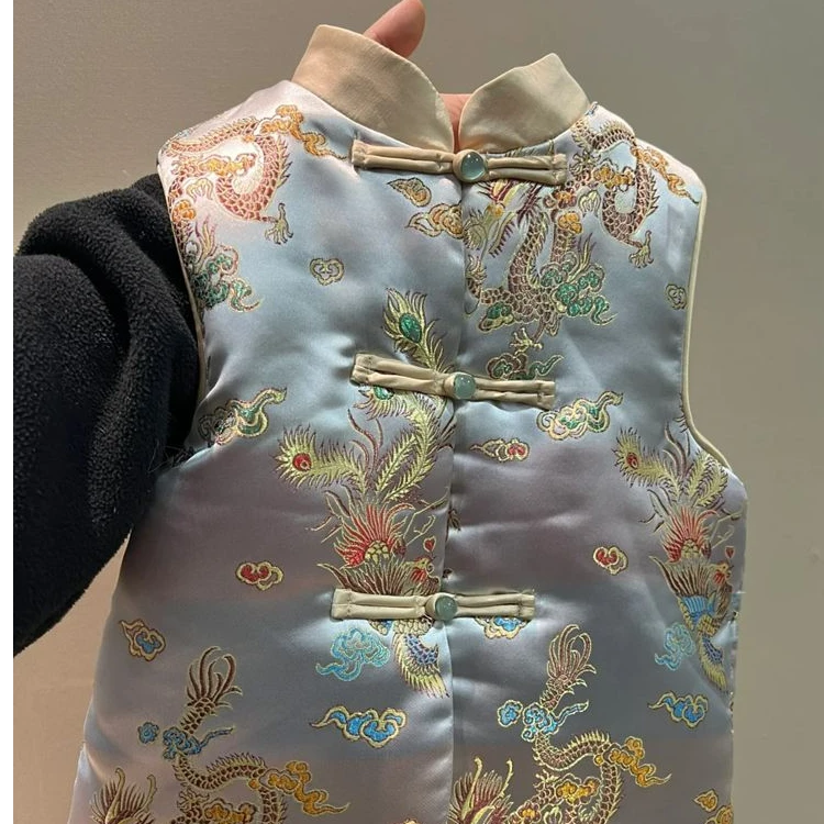 国风童装儿童拜年服秋冬复古高级提花盘扣男女童夹棉过年新年马甲
