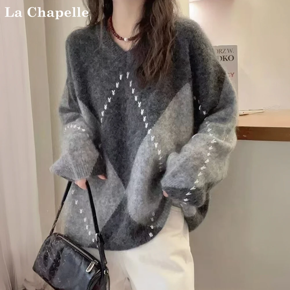 拉夏贝尔2025秋冬新款撞色菱形格套头针织衫女宽松百搭加厚毛衣潮