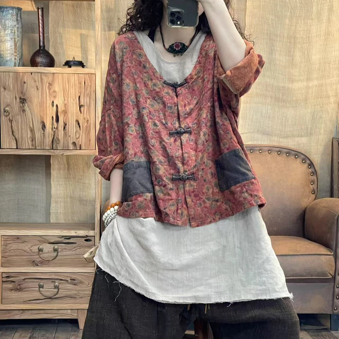 F6688春季亚麻炒色印花复古盘扣休闲女装外套(长60胸围140)