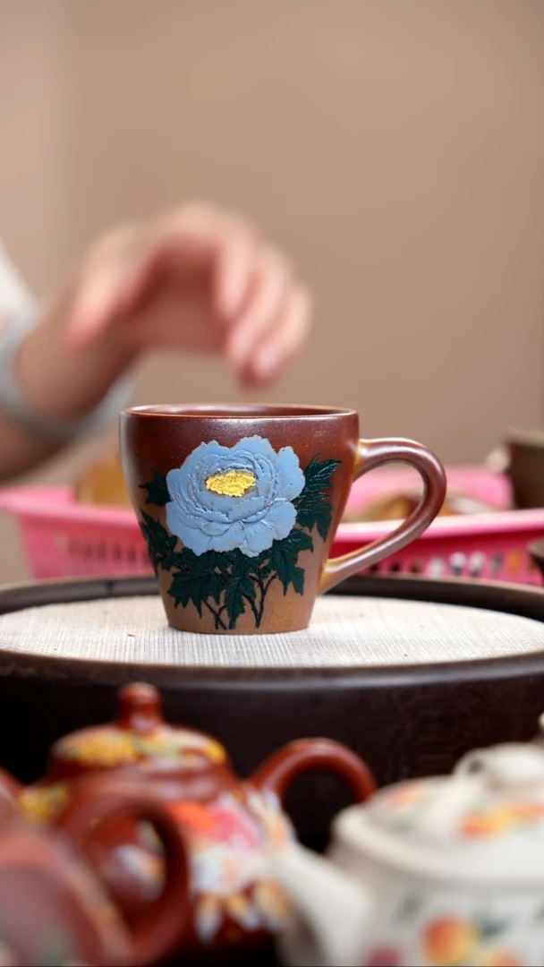 茶壶紫砂柴烧蓝牡丹手把杯