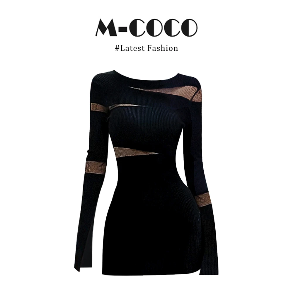 INS CEC不规则透视针织连衣裙女秋冬新款辣妹微透气质包臀短裙