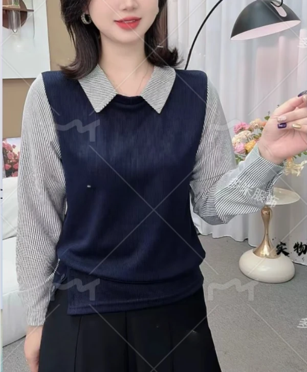 《送运费险》秋季韩系翻领假两件长袖女装套头衬衣袖拼接显瘦上衣