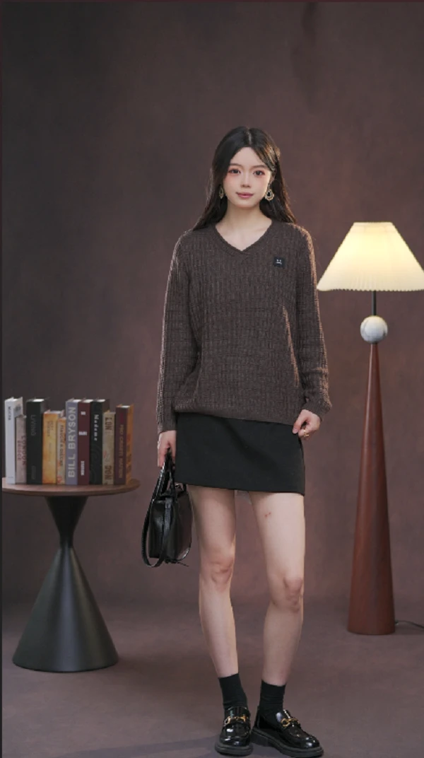 【蒙克续词】时尚常规款厚款针织V领毛针织衫百搭秋冬女装长袖