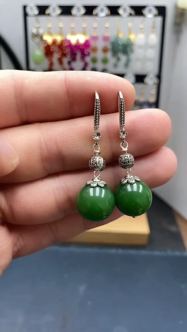 银S925镶嵌和田玉耳饰尺寸14mmA3