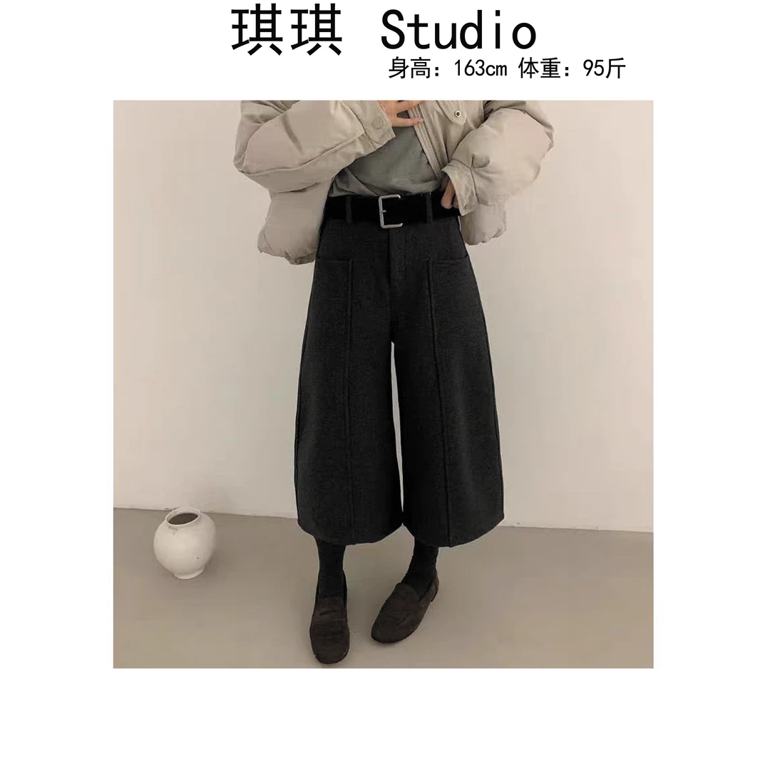 《琪琪家》冬季新款加绒设计感鱼骨显瘦减龄百搭带腰带休闲裤1922-Y
