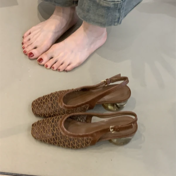 MRL-5159-3高级感小众包头凉鞋粗跟浅口春夏配裙子中跟后空单鞋女