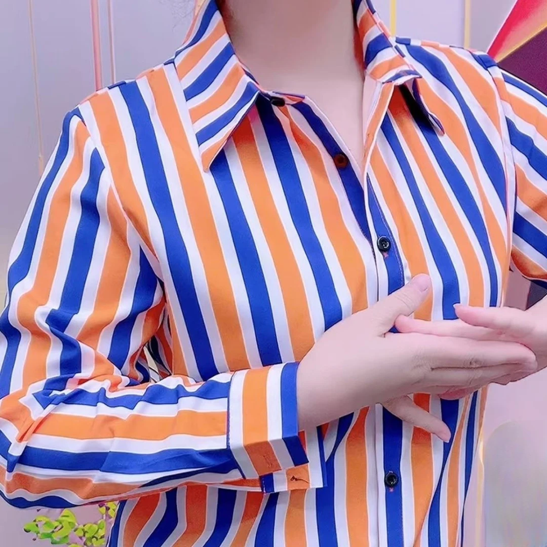 秋季新款长袖条纹衬衫女中年妈妈装衬衣韩版春秋时尚洋气打底衫