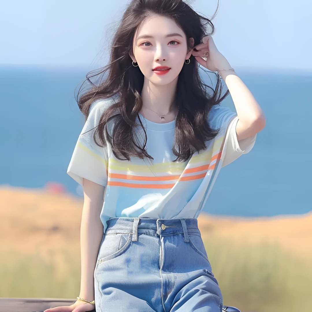 夏季独特别致港味chic宽松条纹绝美上衣高级设计感小众短袖t恤女
