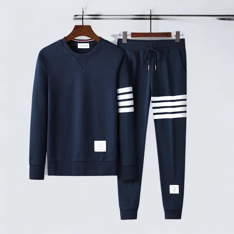 秋冬TB全棉色织四条杠圆领卫衣搭长裤卫裤男女情侣运动休闲套装男