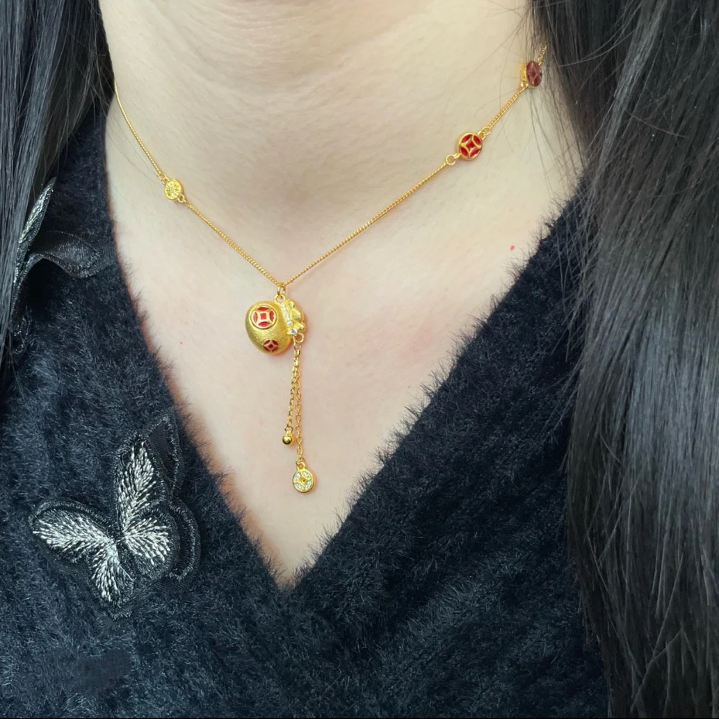 铜合金项链 新中式福气满满拉丝钱袋子项链女精致百搭不掉色坠链