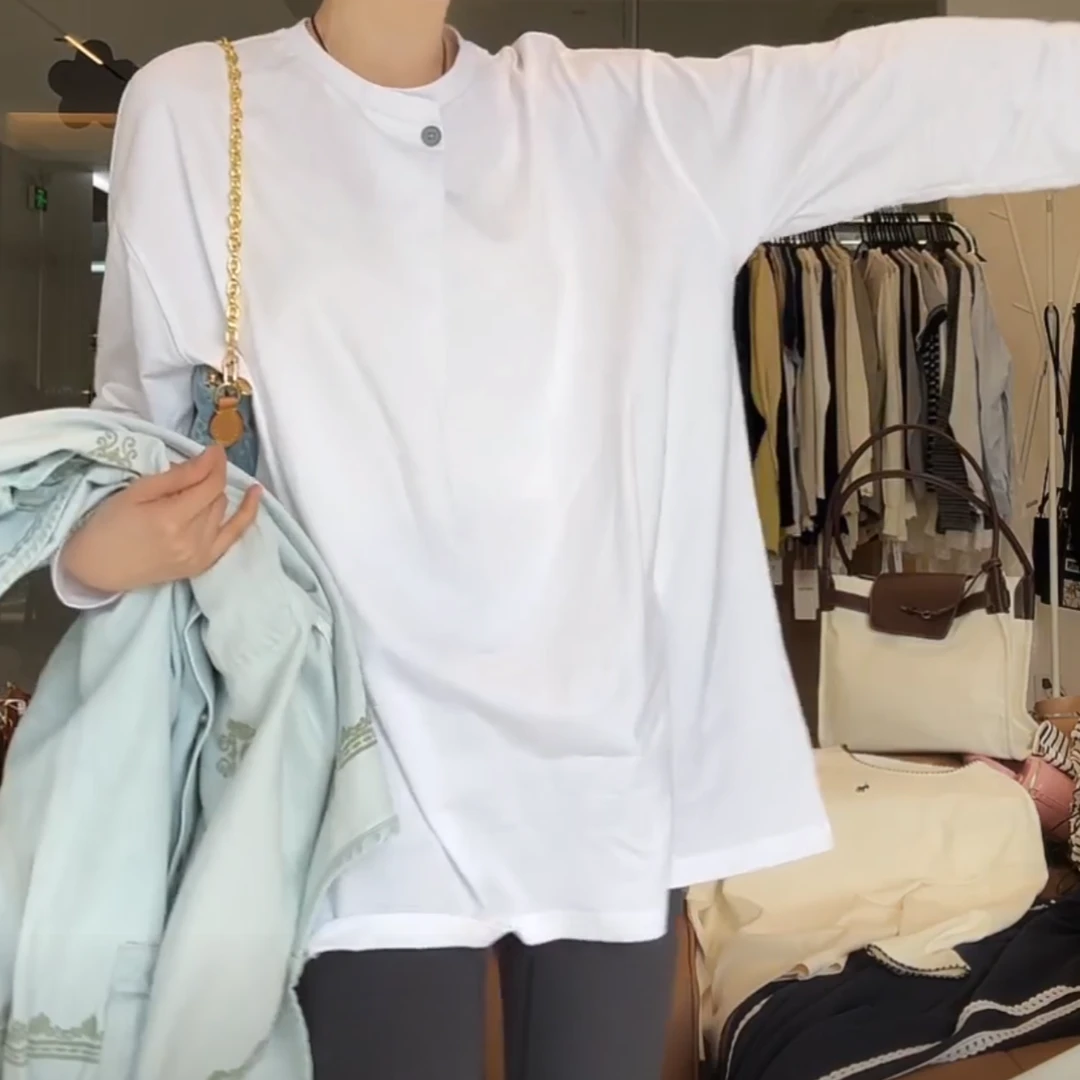 设计感不规则纽扣长袖T恤女2025新款春季简约洋气时尚打底上衣