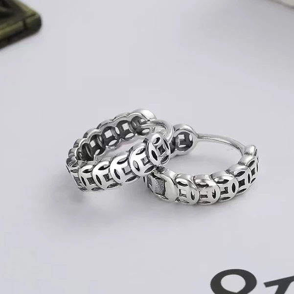 925银耳饰 S925纯银时尚春日焕新百搭小众钱币耳扣简约复古