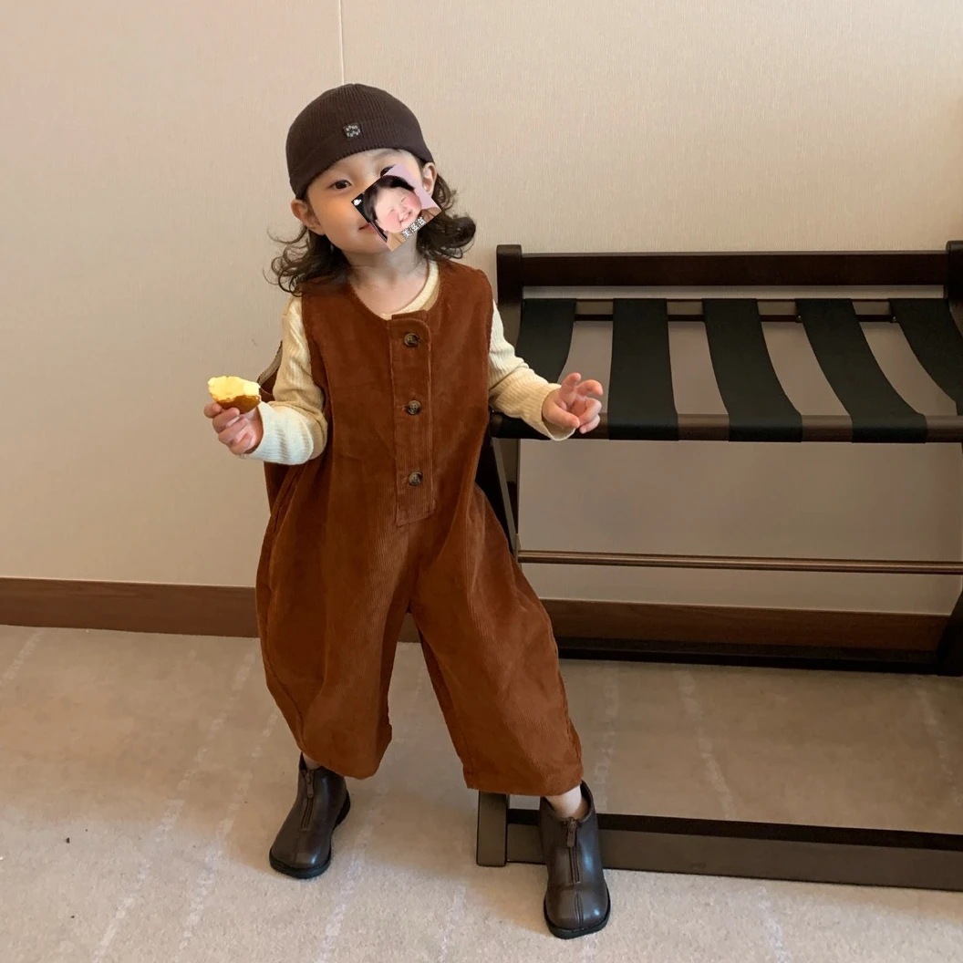 壹妈时尚童装女童秋冬套装新款洋气儿童棕色连体背带裤纯色长袖衫