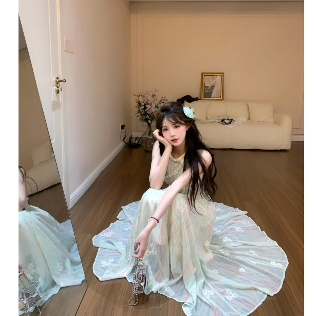 茉莉青绿2.0 夏季仙气甜美显瘦收腰长裙连衣裙新款女 小众设计感